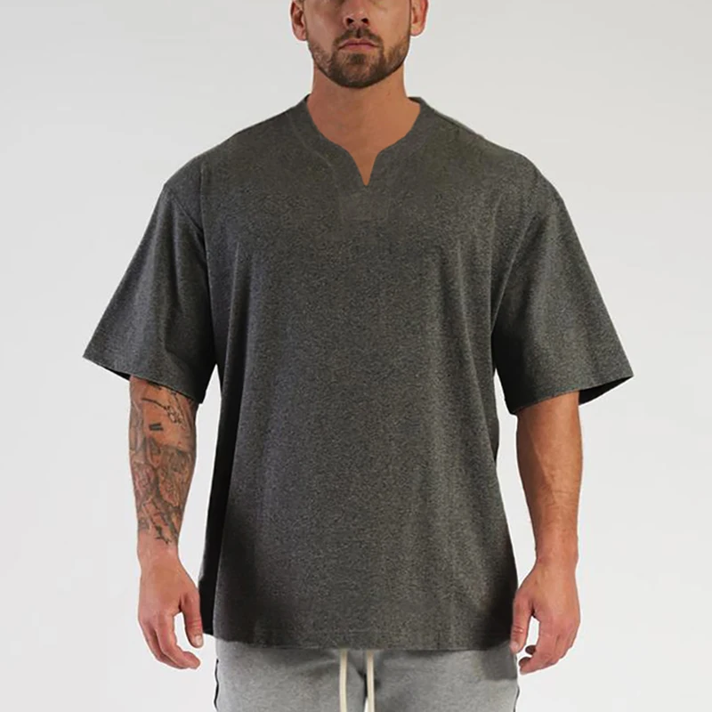 Men's Oversized T shirt Solid Cotton Gym Clothing Bodybuilding Fitness Loose Sportswear V-neck T-shirt Streetwear Hip Hop Tshirt