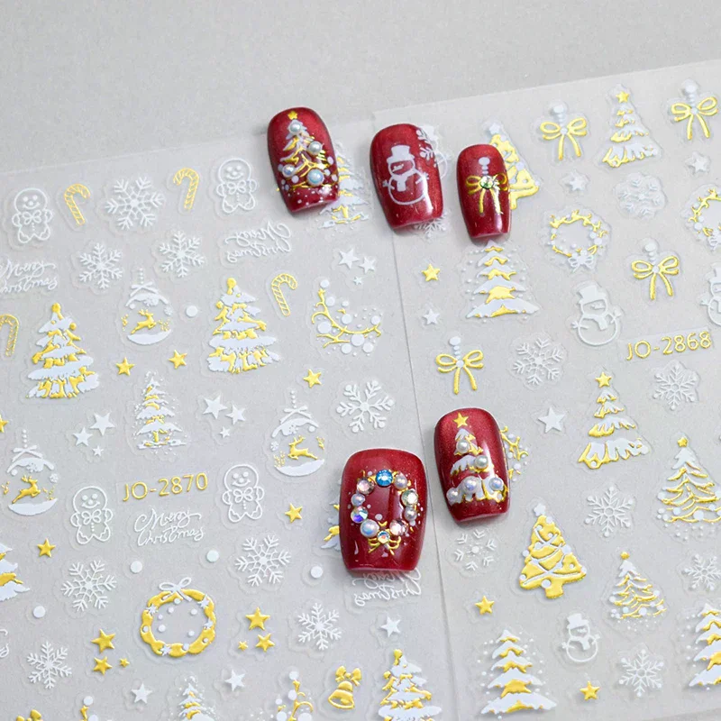 1Sheet 3D Colorful Snowflake Nail Art Stickers Self-Adhesive Sparkle Christmas Tree Snowflakes Decals Winter Manicure Sliders