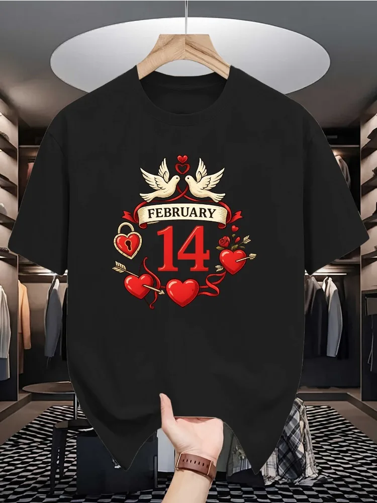 Valentine February 14 Heart Dove Rose Graphic Mens T Shirt Summer Crew Neck Short Sleeve Loose Casual Street Fashion Tops