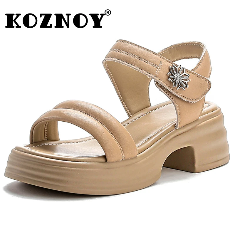 

Koznoy 5cm Genuine Leather Well-fitting Peep Toe Hook Rubber Sandals Summer Cozy Comfortable Contoured Lightweiget Loafer Shoes