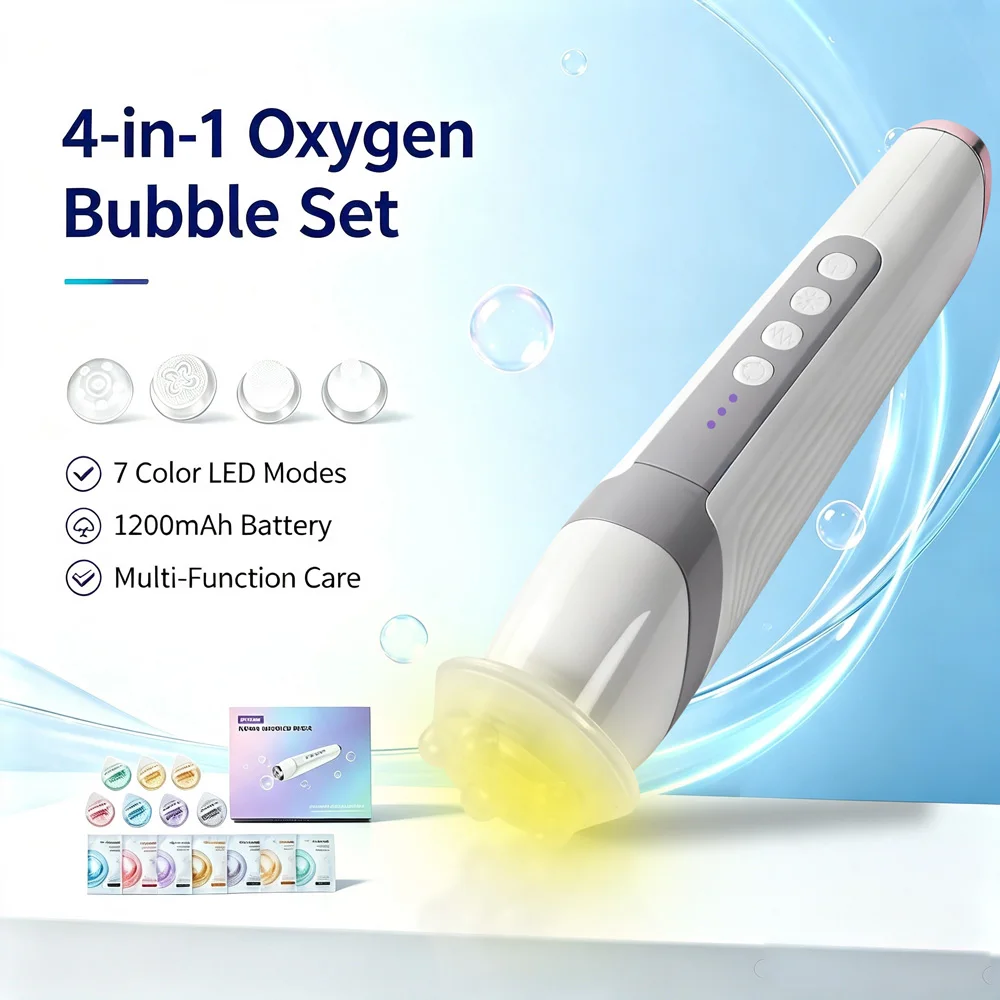 4 IN 1 Portable CO2 Oxygen Bubble Beauty Pen Kit with Replaceable Probes, Bubble Capsules, Skin Gel & Facial Essence, 7 Color LE