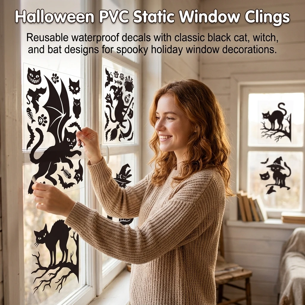 Spooky Halloween Window Clings Waterproof Glass Decals for Home Party Decor Black Cat Witch Bat Static Stickers Reusable