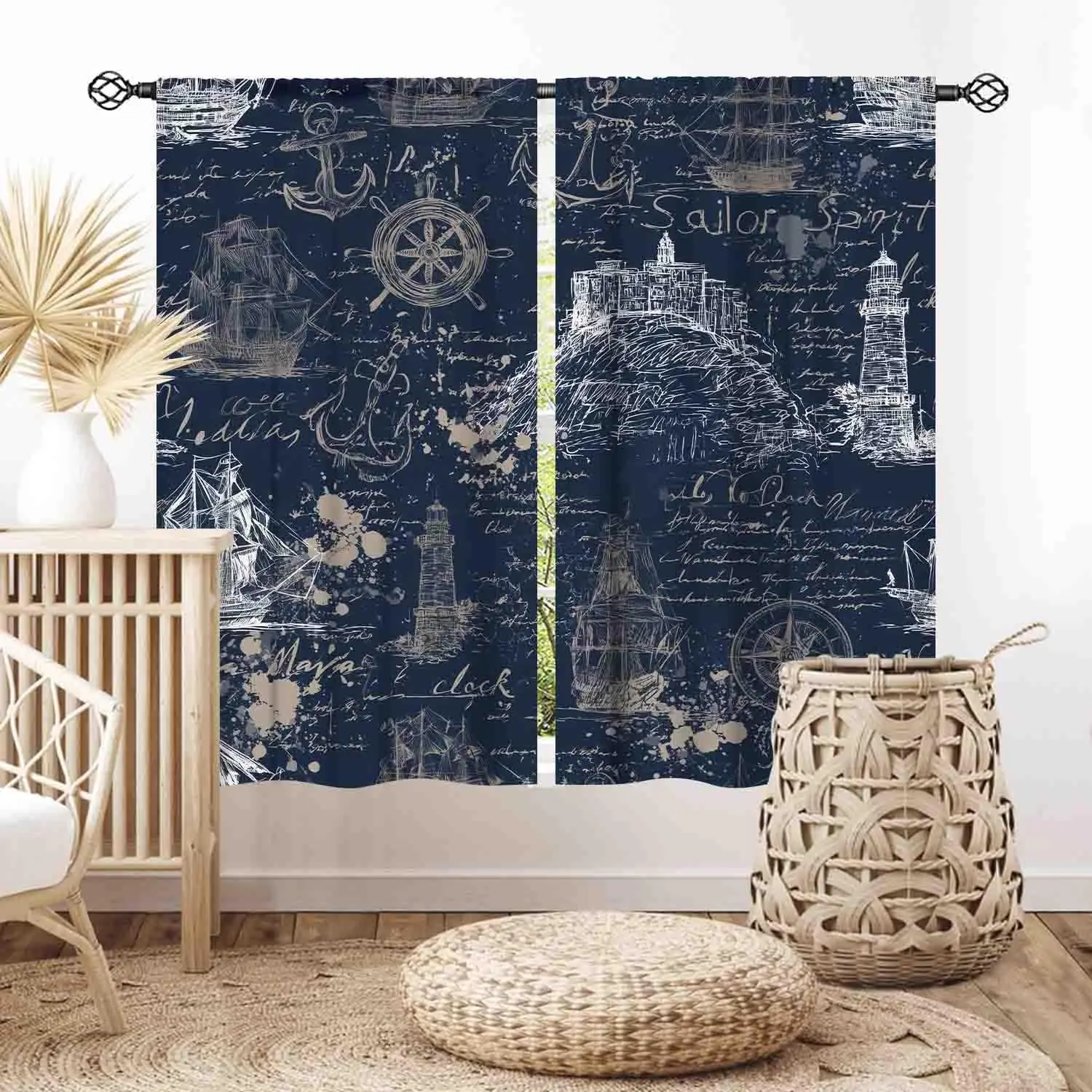 Navy Blue Nautical Curtains 2pcs Coastal Sailor Sketch Marine Print Window Drapes Bedroom Bathroom Curtains