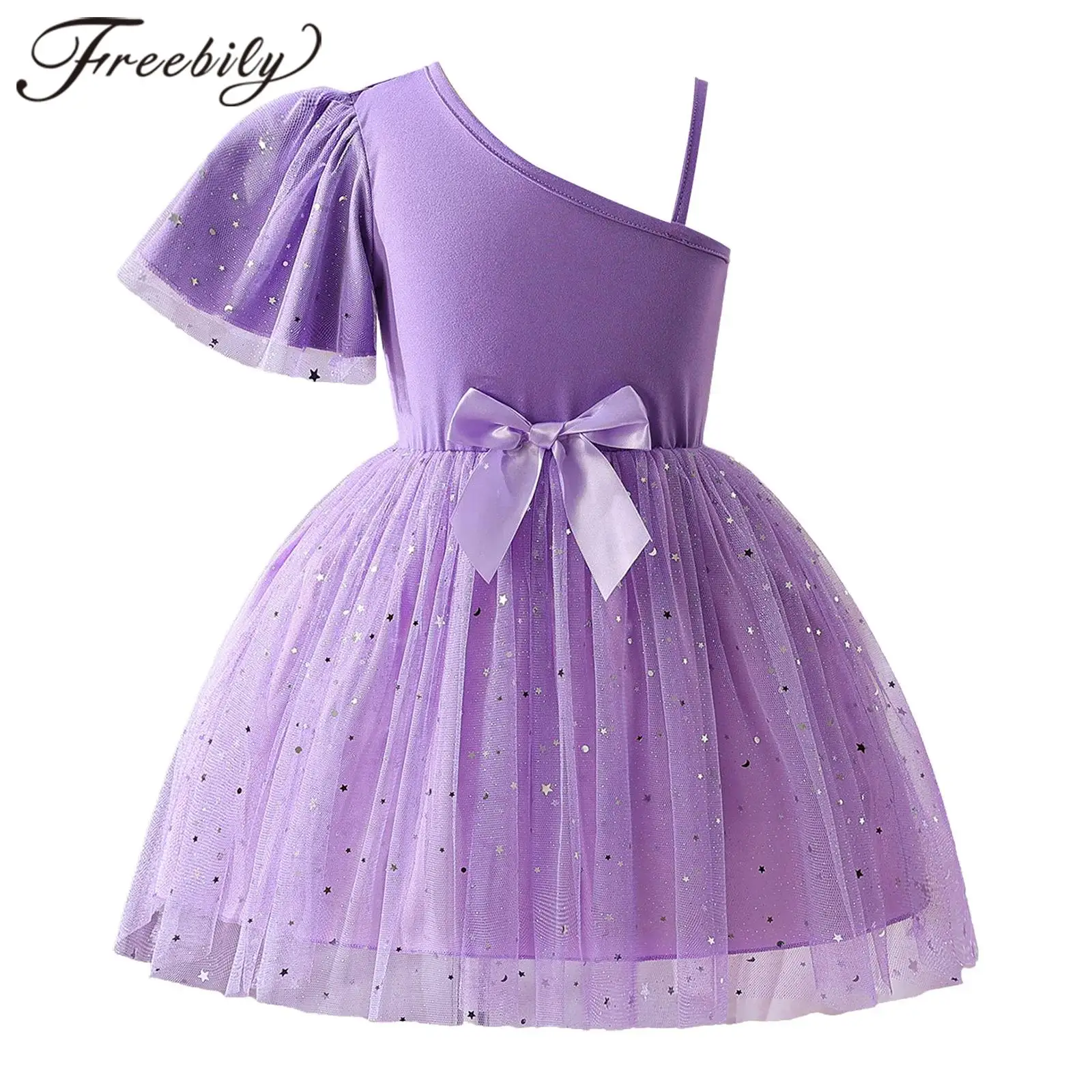 Childrens Shiny Girl One-shoulder Sequin Tulle Princess Ballet Tutu Dress Kids Dress for Girls Party Performance Costume