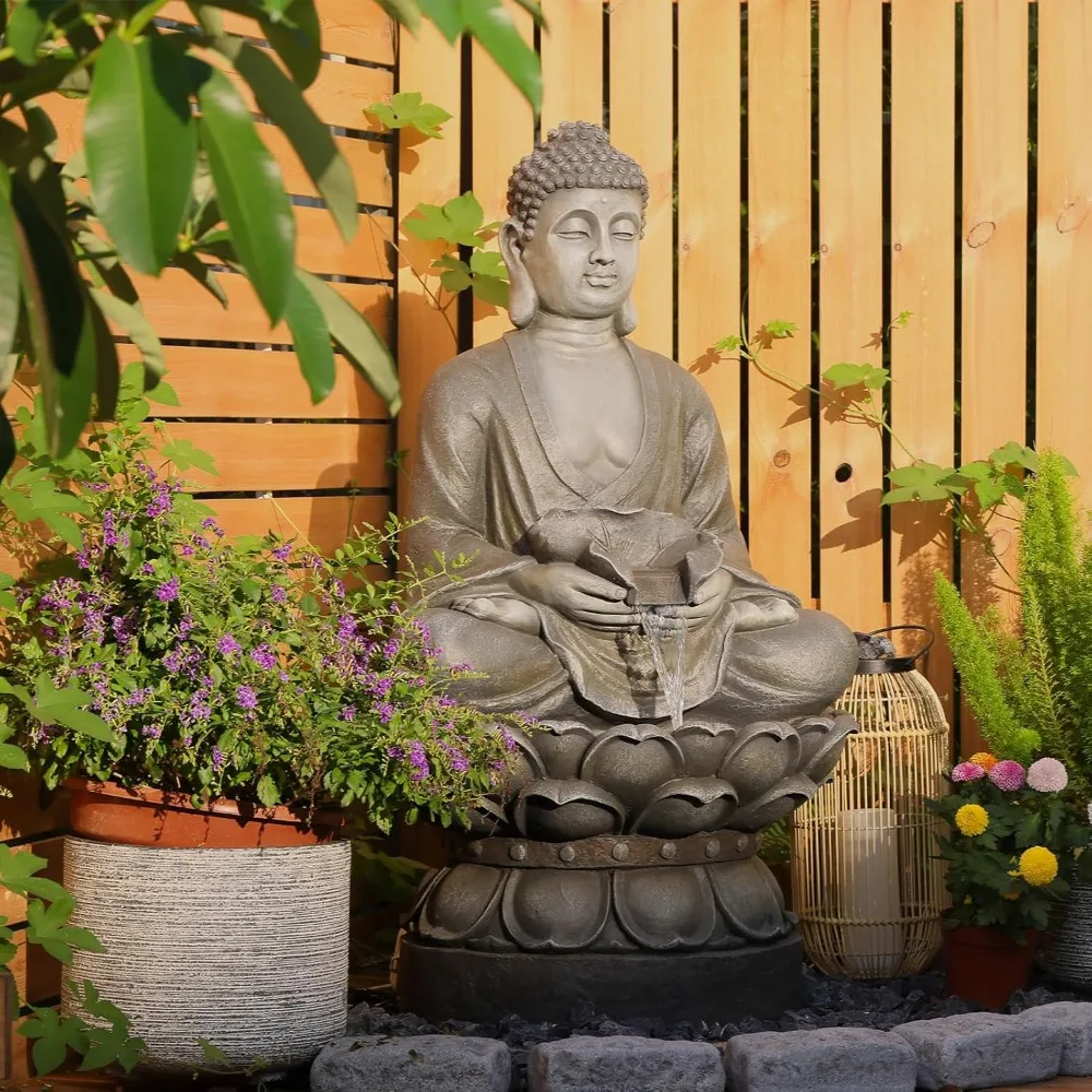 

Buddha Water Fountain Outdoor Large Sitting Lotus Base Waterfall Fountains Zen Water Feature Indoor with LED Light for Garden
