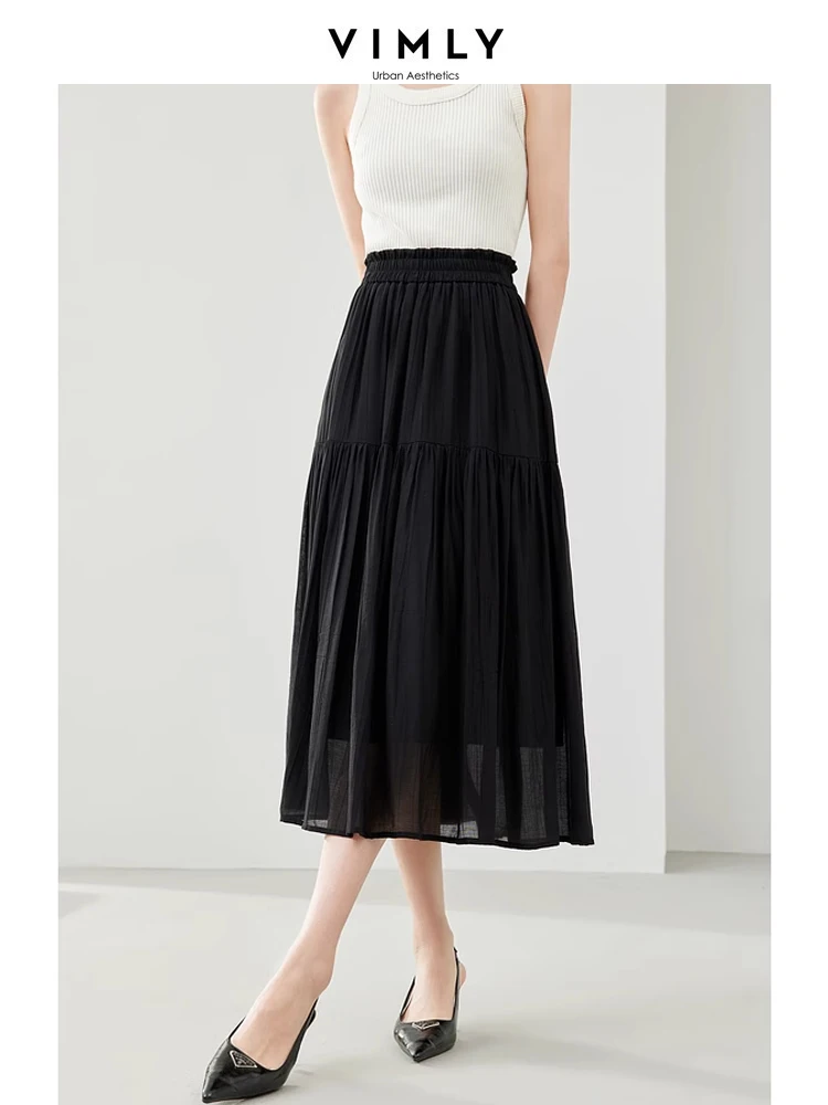 Vimly Black Elegant A-line Women's Midi Skirt 2024 Spring Simple Elastic Waist Solid Thin Female Skirts Women's Clothing M6079