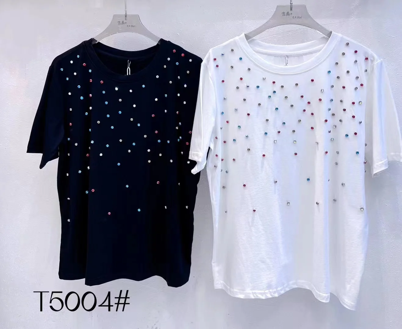 Real Photos High Street Heavy Colorful Diamonds Modal Cotton T-shirt Women 2024 Summer Tshirt Round Neck Short-Sleeved Tops Tees