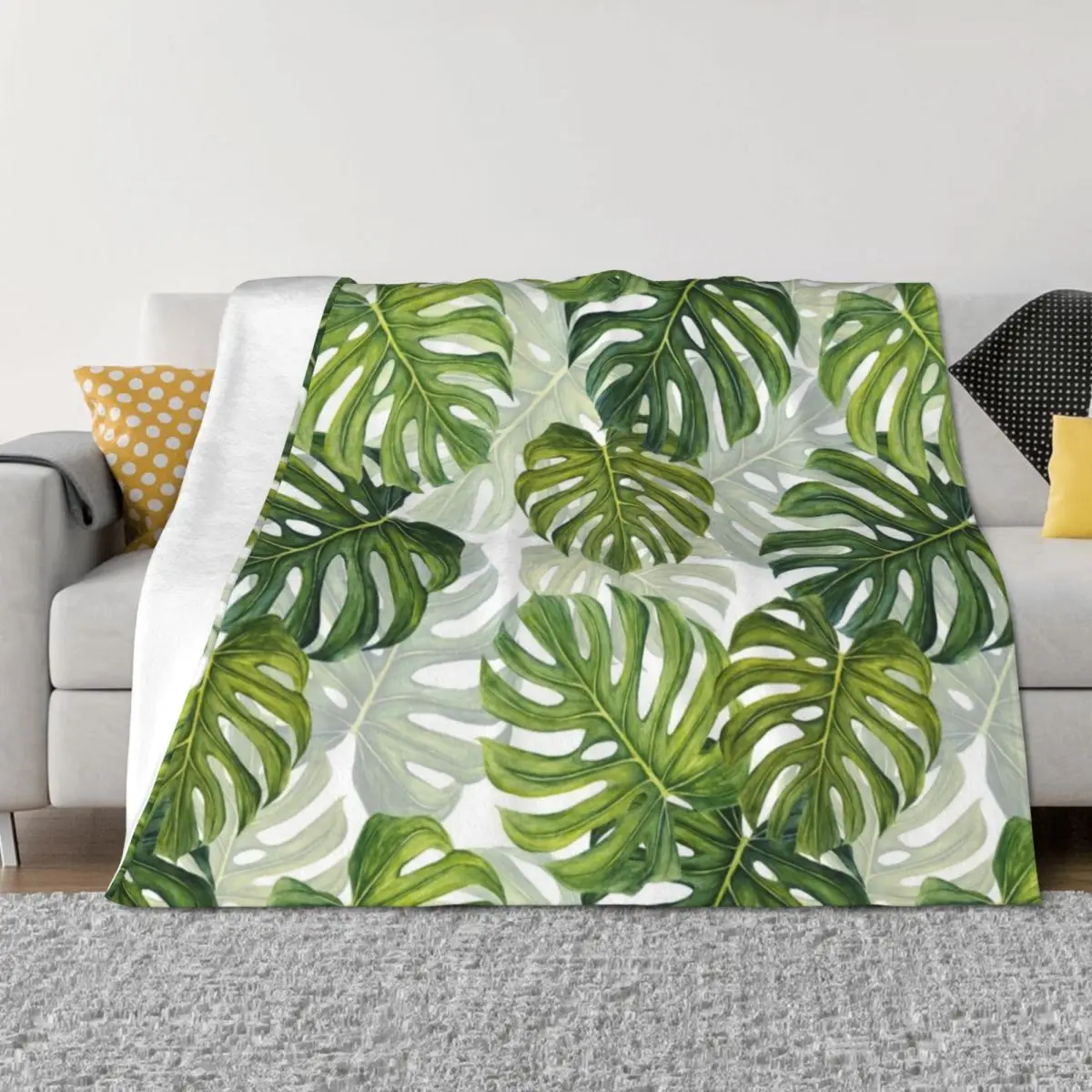 

Monstera Leaf Tropical Pattern - Green Throw Blanket Tourist Personalized Gift Furry Multi-Purpose Blankets
