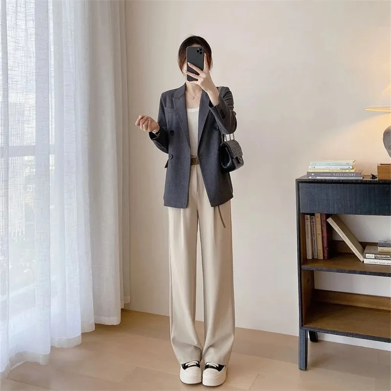 High Waist Khaki Suit Wide Leg Women‘s Full Pants Autumn Female Elegant Minimalism Straight Loose Trousers 2025 New