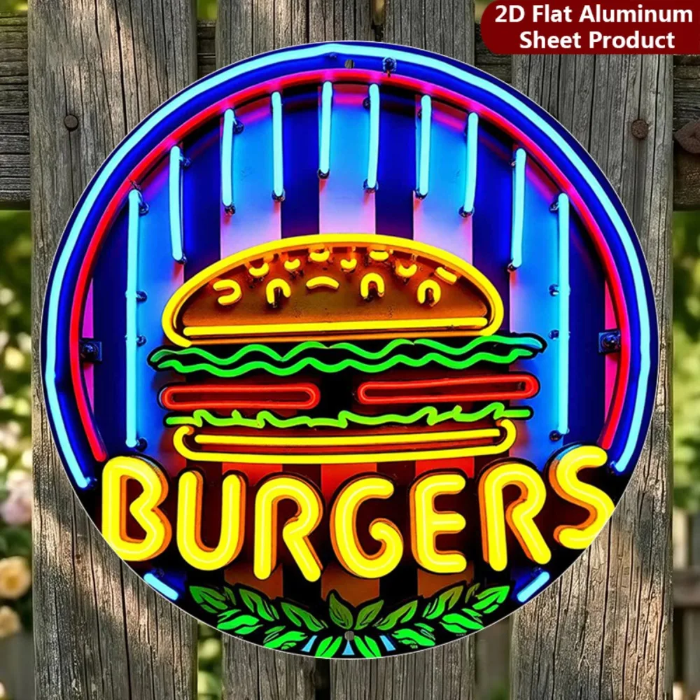 CIFBUY Retro 2D Flat Aluminum Wall Art, Waterproof Durable Neon Burger Sign, Decor For Home Porch Garden Cafe