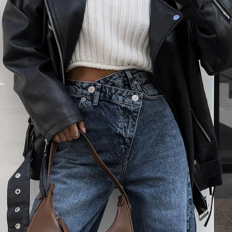 Europese Amerikaanse broek dislocatie jeans dames herfst ontwerp gevoel hoge taille split rechte broek aangepaste buitenlandse handel