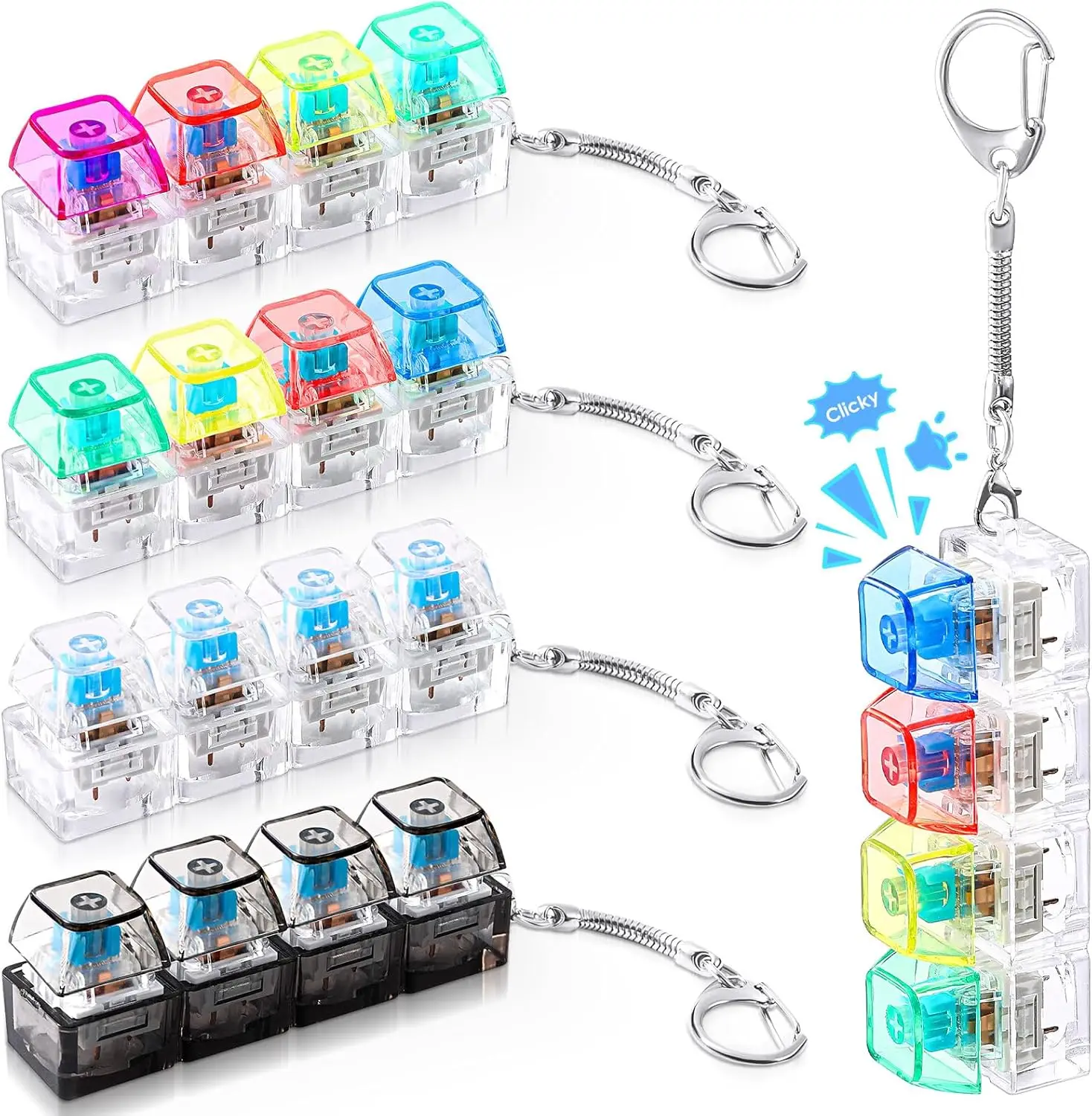 4 Keys Mechanical Keyboard Crystal Clicker Sensory Stress Relief Keyboard Keychain for Adults Anxiety Relief Relax Office Travel