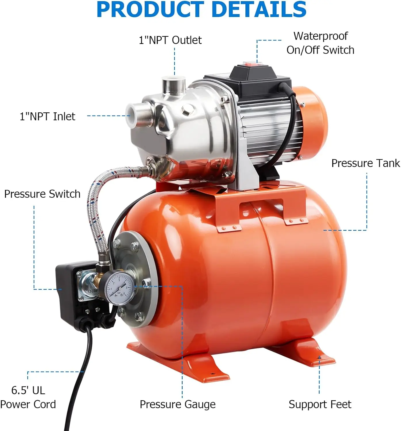 3/4HP Shallow Well Pump With Pressure Tank 115V Irrigation Jet Pump Automatic Booster Sprinkler System Water Transfer Pump Home