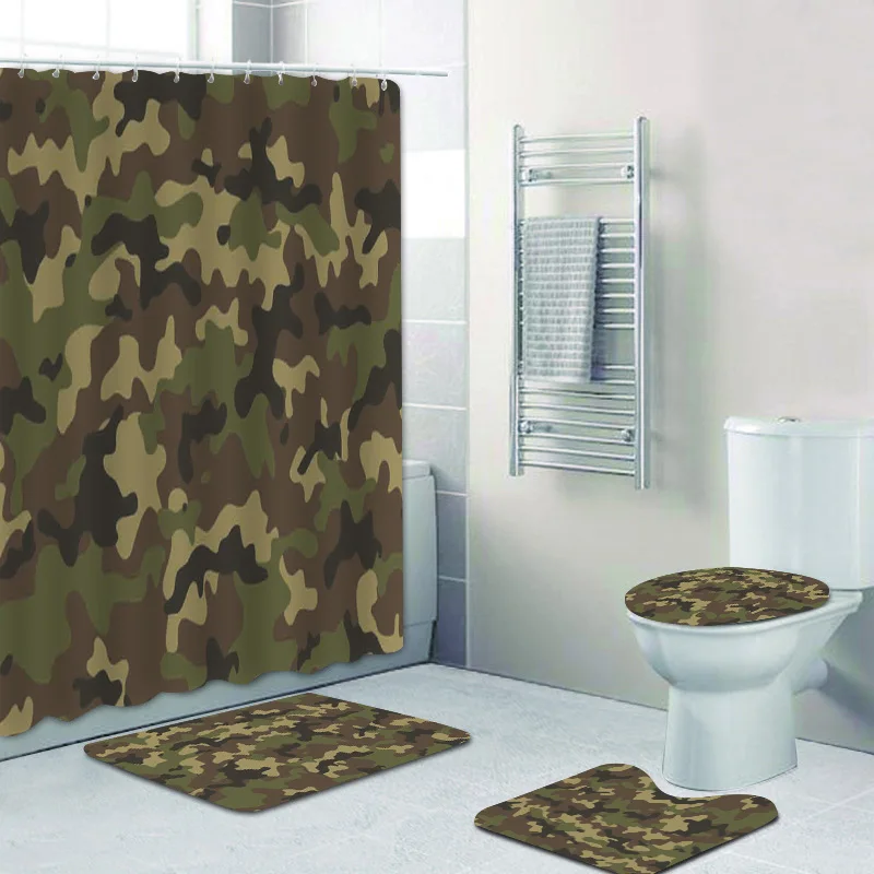 

Classic Army Woodland Camouflage Camo Shower Curtain Set Bathroom Curtain Set Bath Rug Mat for Toilet Carpet Home Decor Gifts