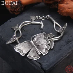BOCAI S925 Sterling Silver Bracelets for Women Emboss Butterfly Love Flowers Bangle New Fashion Fine Choice Jewelry Wholesale