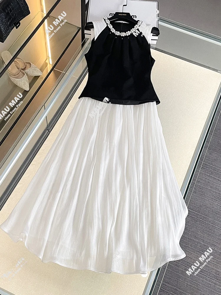 

South Oil High-End Summer 2025 Long Bead Embellied Splice Dr Women's Ele Commute Sle Simple Folded High Waist Vest...