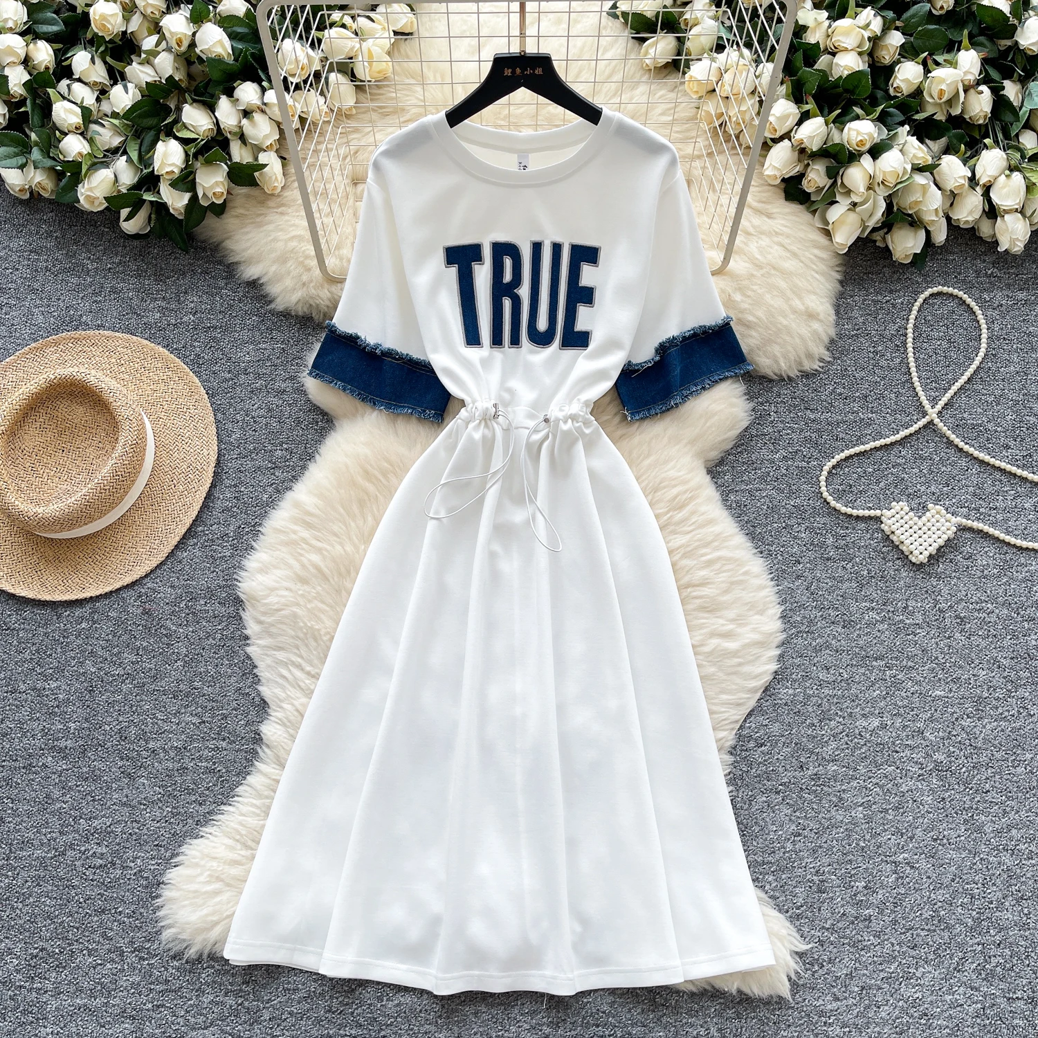 Chic vintage sexy lettera ricamata O-collo manica corta Elegante fata moda coreana Boho Sundress abbigliamento donna