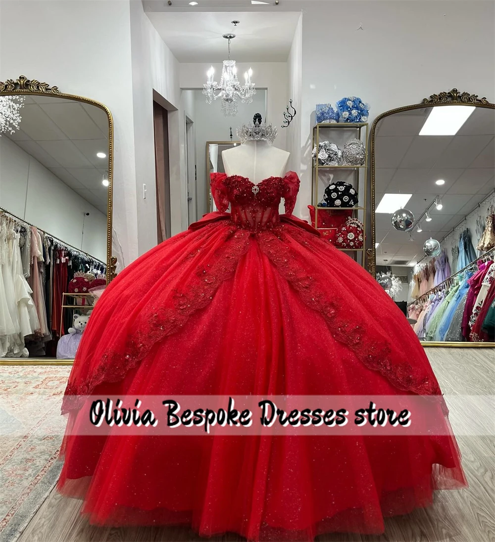 Appealing Red 15 Years Quinceanera Dresses Beads Crystal Lace Applique Bow Ruffles Ball Gown Birthday Party Dress Customized