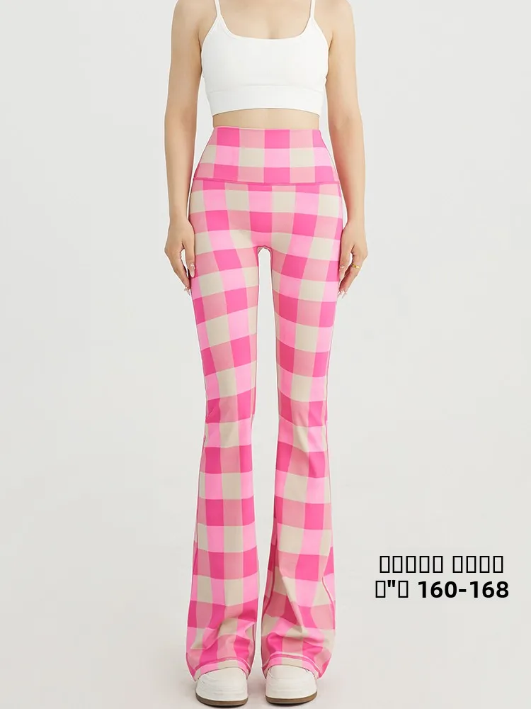 

Брюки-клеш COFEIPARD с высокой талией в клетку для йоги, женские повседневные, увеличенной длины, розовые, удобные