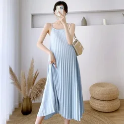 Vestido plisado de gasa para mujer embarazada, ropa de maternidad de media pantorrilla con cinturón, color Beige y rosa, venta al por mayor