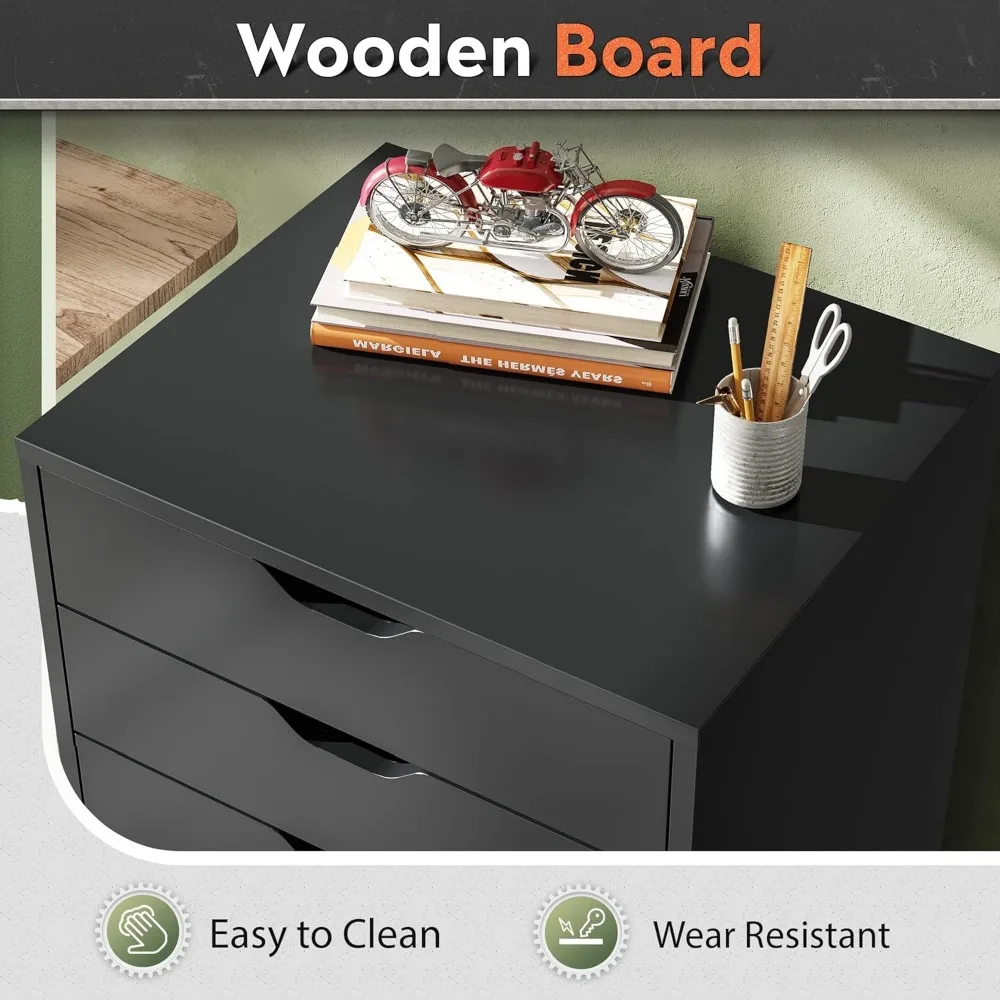 7-Drawer Wooden File Cabinet with Wheels, Black, Space-Saving Storage Solution for Home or Office