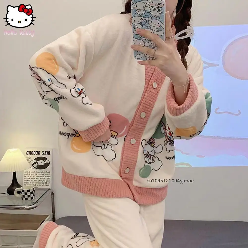 Hellokitty Sanrio 가을 겨울 잠옷 여성 v 넥 카디건 귀여운 캐주얼 홈웨어 만화 플러스 벨벳 두꺼운 플란넬 슈트