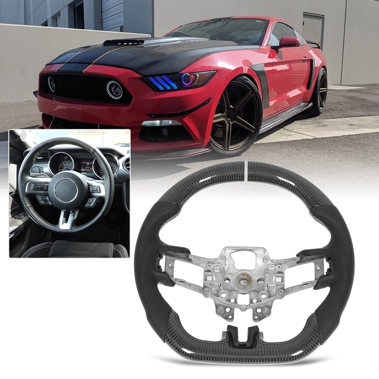 Setir Mobil Kulit Berlubang Model D Flat Bottom dengan Ring 12 O'Clock, Pegangan Kuat untuk Perbaikan