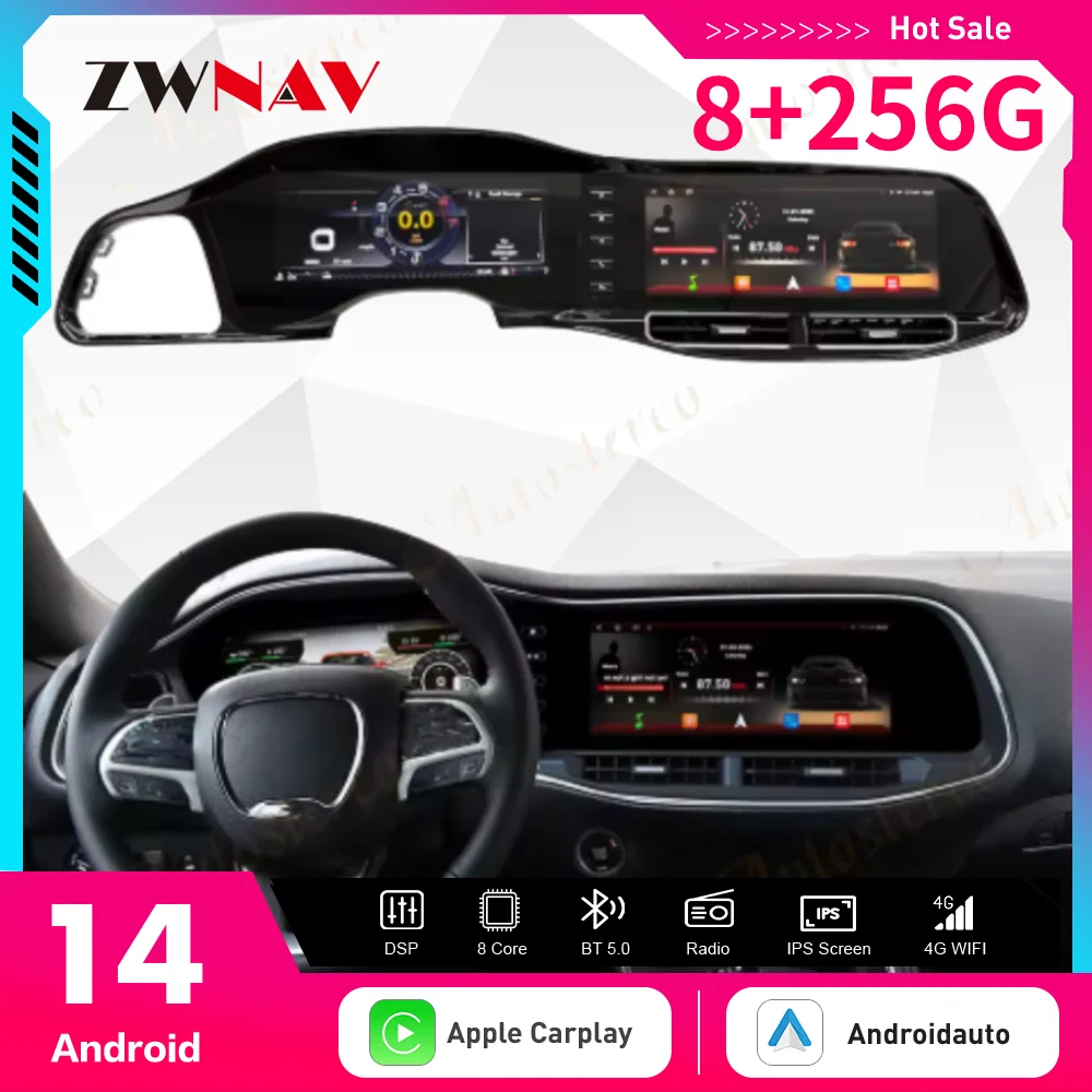 

12,3-дюймовый автомобильный DVD-плеер Android 14, с GPS CarPlay, приборная панель, мультимедиа для Dodge Challenger SRT Hellcat 2010-2023, головное устройство