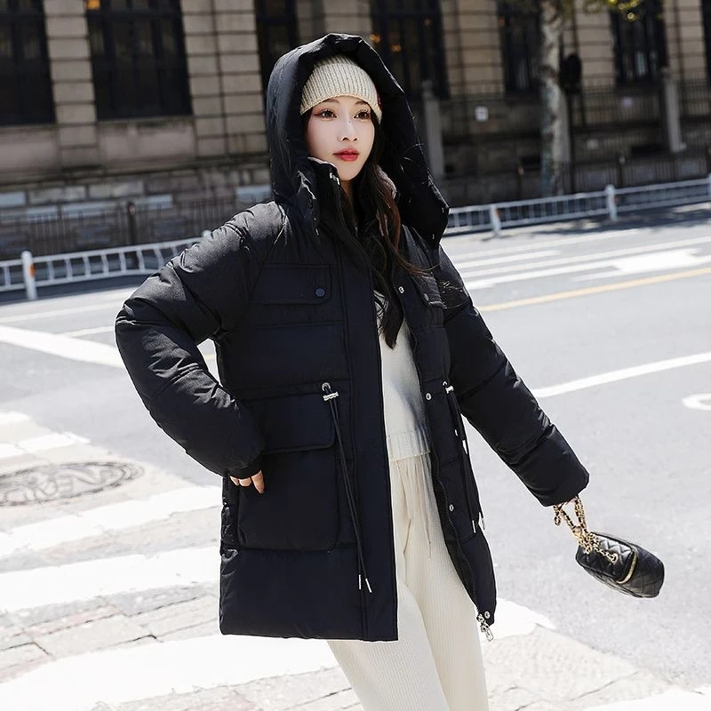 

Warmth 2025 Winter Korean Loose Cotton Coat for Women Mid Length with Waist Detailing Perfect for Outdoor Activities