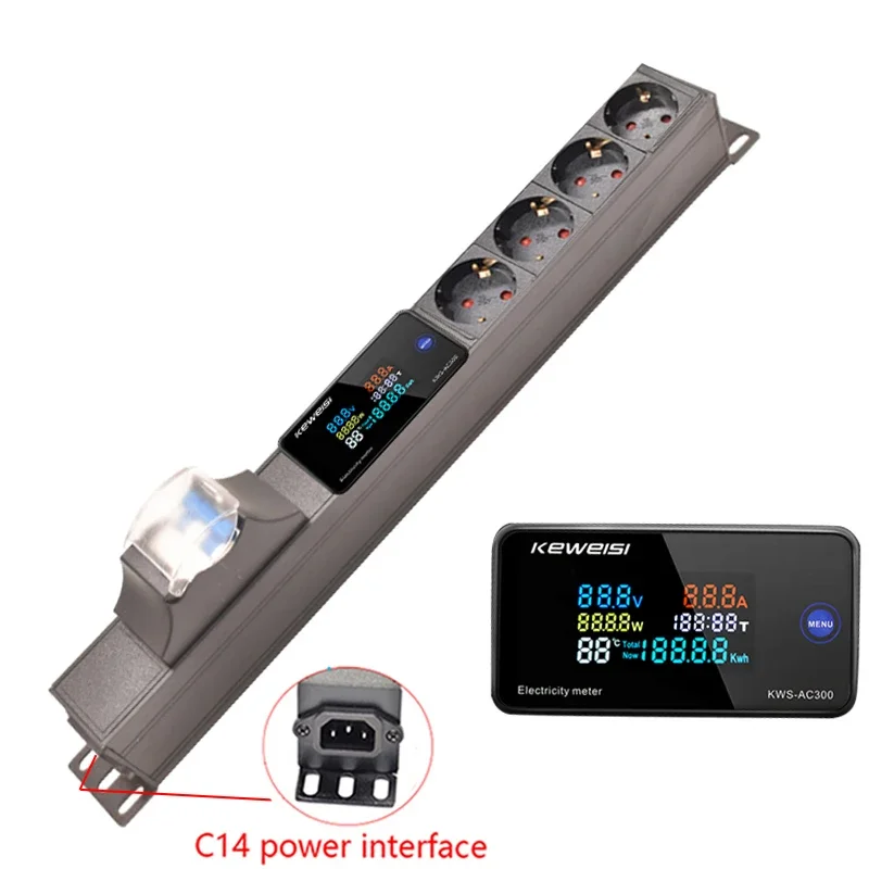 Cabinet Mount PDU Power Strip 2-7 Ways Europe Socket 16A Circuit breaker Digital Ampermeter Voltmeter Ammeter C14 interface