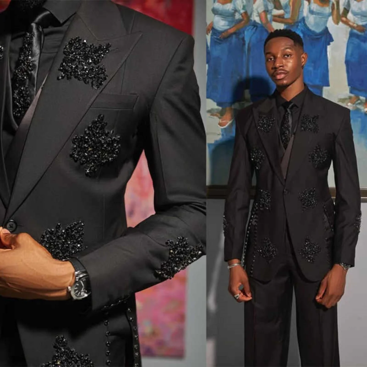 

Luxury Men Suits 2 Pieces Jacket Pants Peaked Lapel One Button Beadeds Crystals Wedding Groom Tuxedos Party Prom Customized