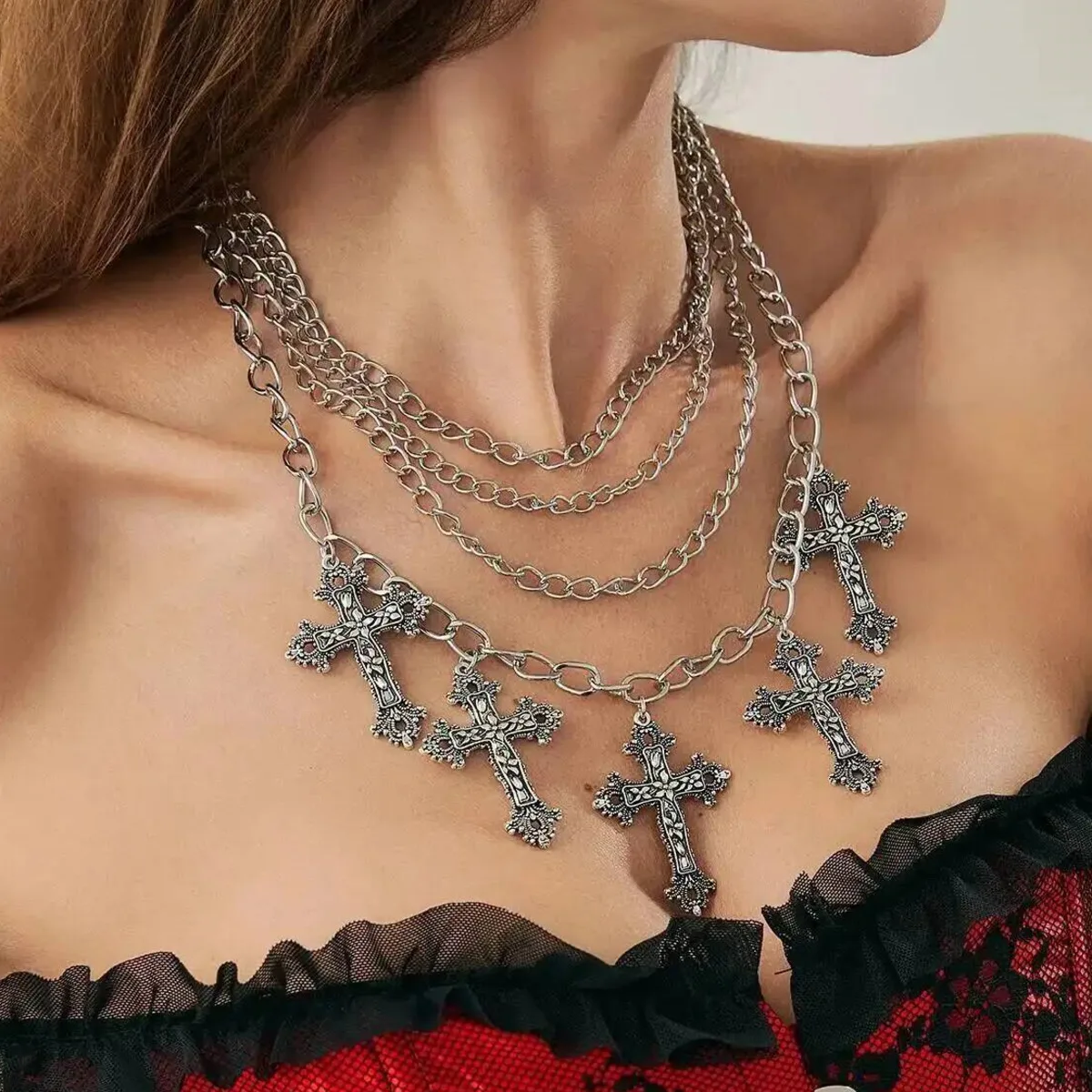 

KunJoe 4Pcs/Set New Goth Jesus Cross Pendant Necklace for Women Punk Multi Layer Stackable Thick Chain Choker Halloween Jewelry