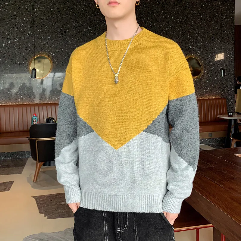 

Casual Patchwork Knit Sweater Men Autumn Winter Loose-fit Pullover Jacket Round Neck Pullovers Top Trendy Korean Version Sweater