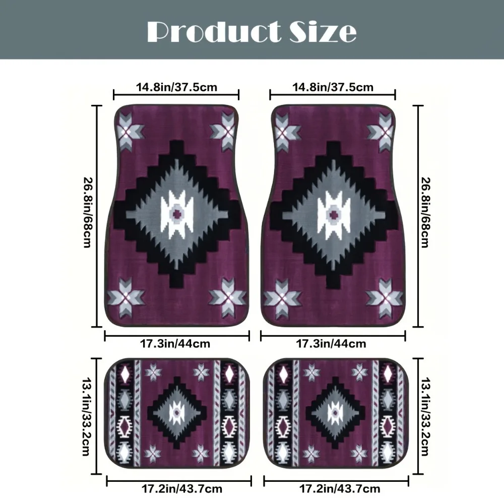 4pcs Ethnic Style Digital Printed Car Floor Mats | Purple-Based Geometric Pattern, Fashionable And Versatile, Rubber Non-Slip Ba