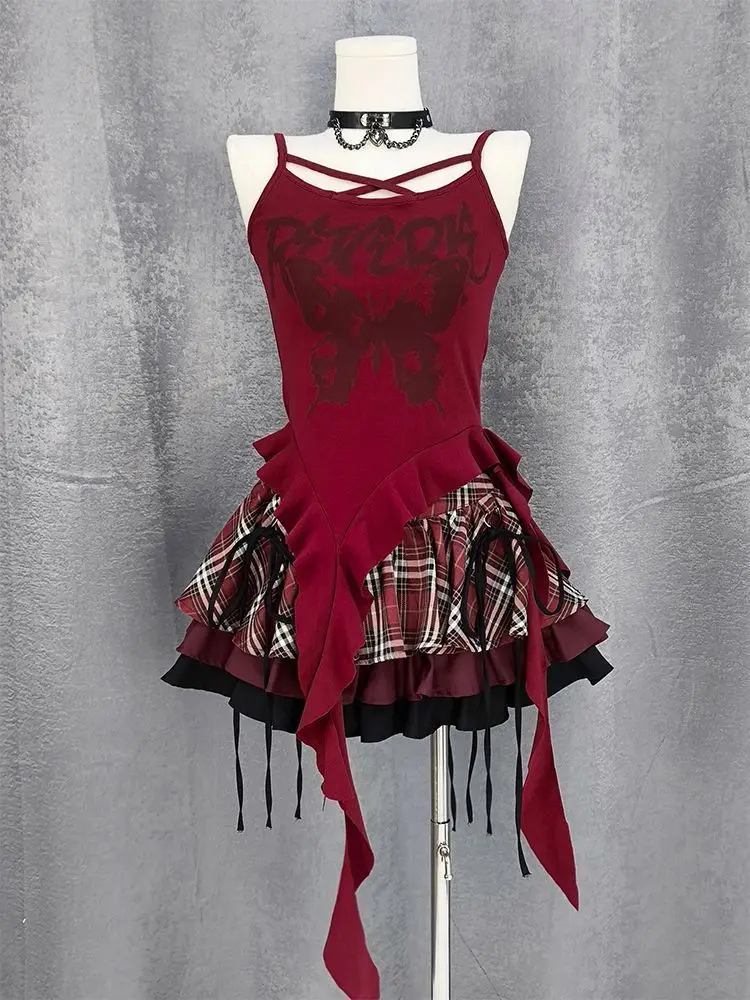 Set tre pezzi sottile gotico giapponese sottocultura estiva design punk grembiule irregolare Y2k bretella plaid gonna gonfia vestito 2025 nuovo