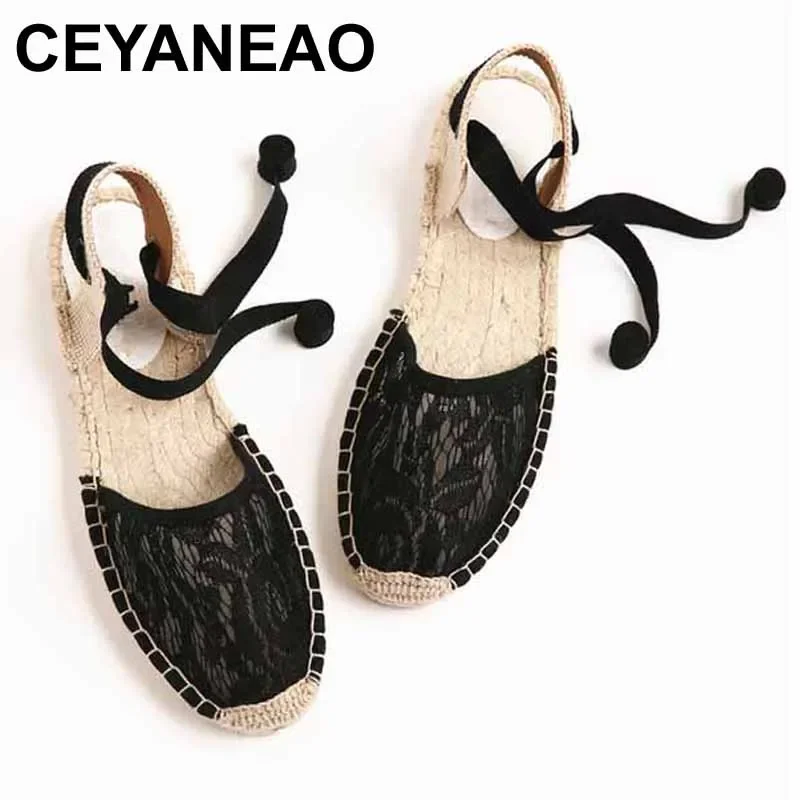 

CEYANEAO INS Must Have Ankle Strappy Espadrilles Women Summer Cool Mesh Lace Shoes Woman Hemp Sole Lace-up Flats Women Sandals