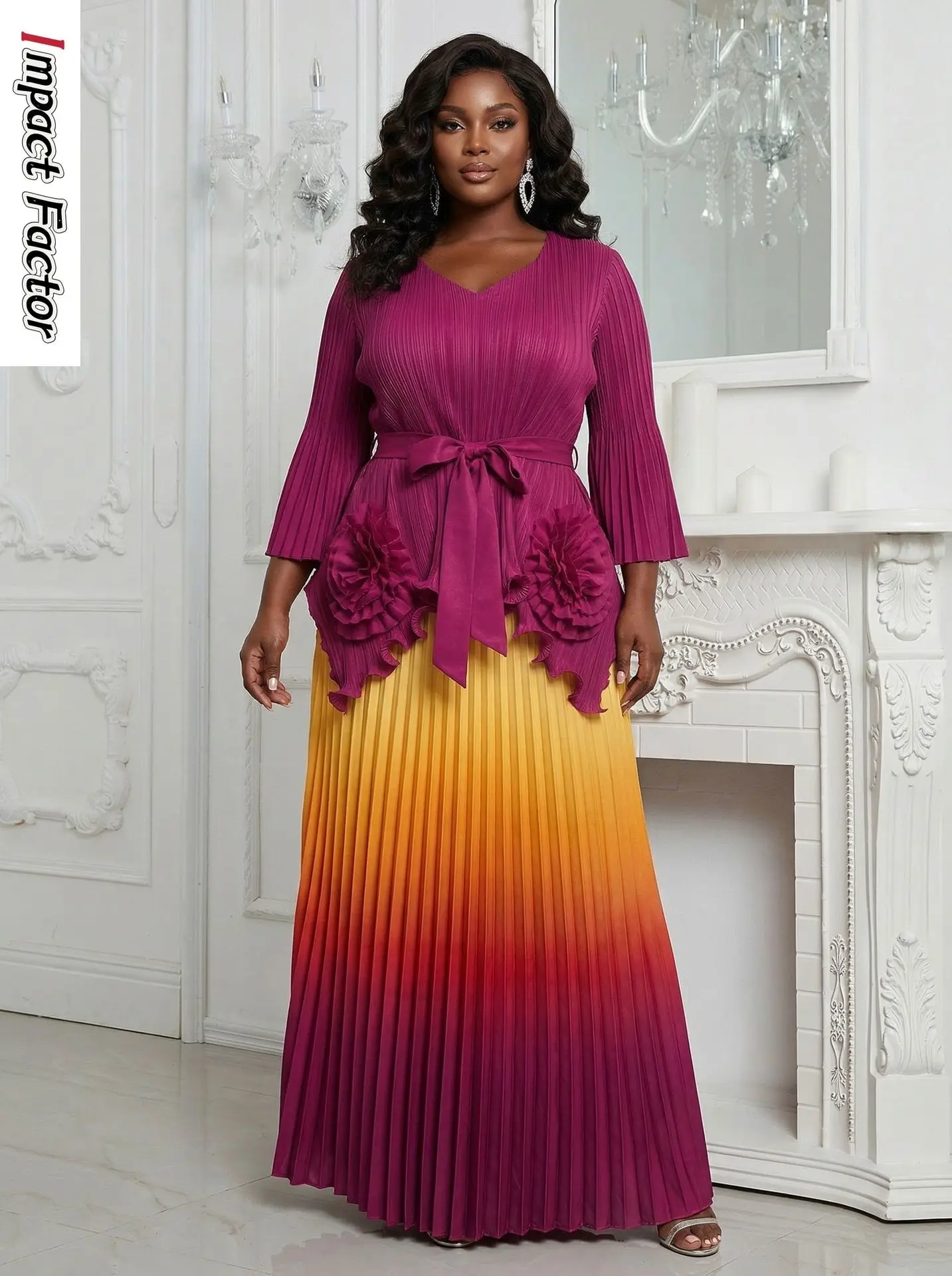 Miyake Pleated African Loose Suit Fashion Irregular Top Gradual Change Color Skirt Two-piece Sets Women's Clothing