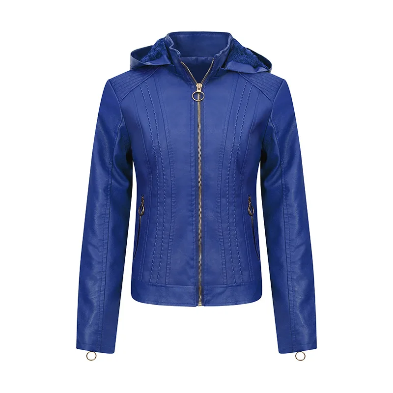 Maidangdi women\'s leather jacket plush leather jacket with hat slim fit leather jacket large size fashionable