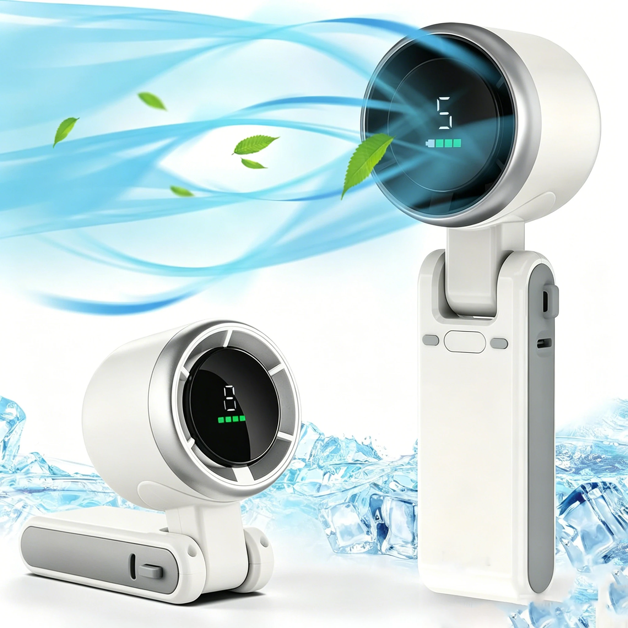 3in1 Cooling Fan Strong Wind 5000mAh Handheld Mini 5 Speeds Fan Mini Electric Fan Usb Charging Digital Display Port Desktop Fold