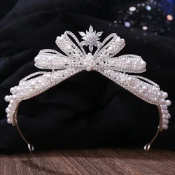 DIEZI Korean Cute Sweet Handmade Gilrs Pearl Zircon Crown Bridal Wedding Hair Accessories Elegant Queen Bowknot Crystal Tiaras