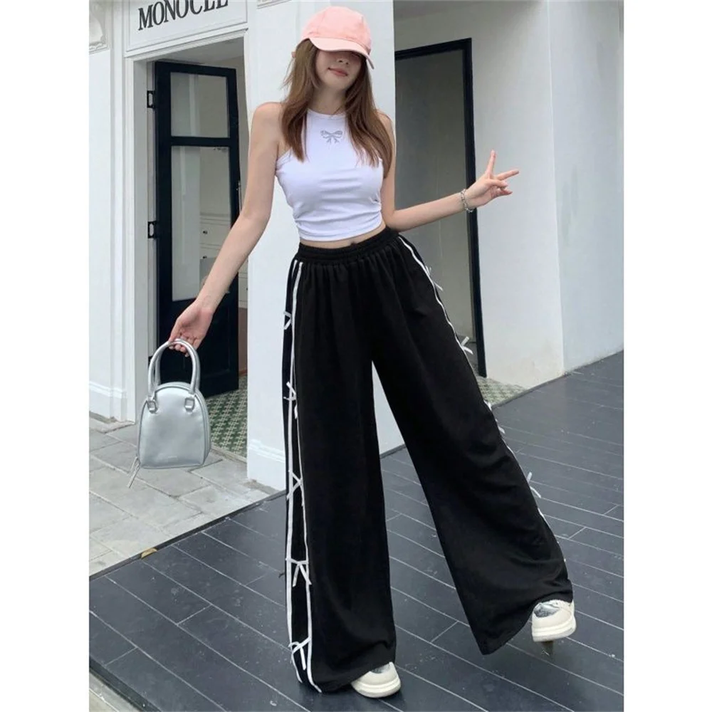 Y2K Wide Leg Pants Elastic High Waist Casual Baggy Sweatpants Bow Side Stripes Fashion Loose Straight Trousers Street Oversized