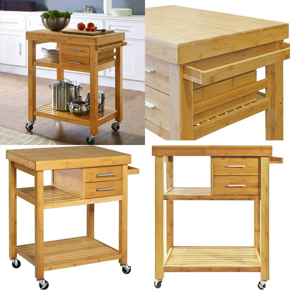عربة جزيرة المطبخ مع أدراج، أرفف، رف المناشف، عجلات القفل، كتلة الجزار لإعداد الطعام وأدوات المتداول #1