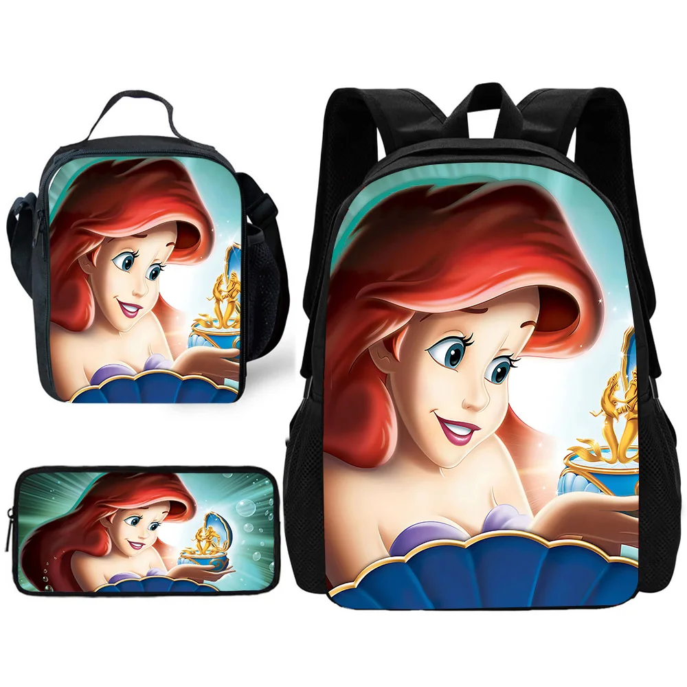 Disney Mermaid Princess Ariel 3 pcs set Child School Backpack with Lunch Bags ,Pencil Bags ,School Bags for Boys Girls Best Gift