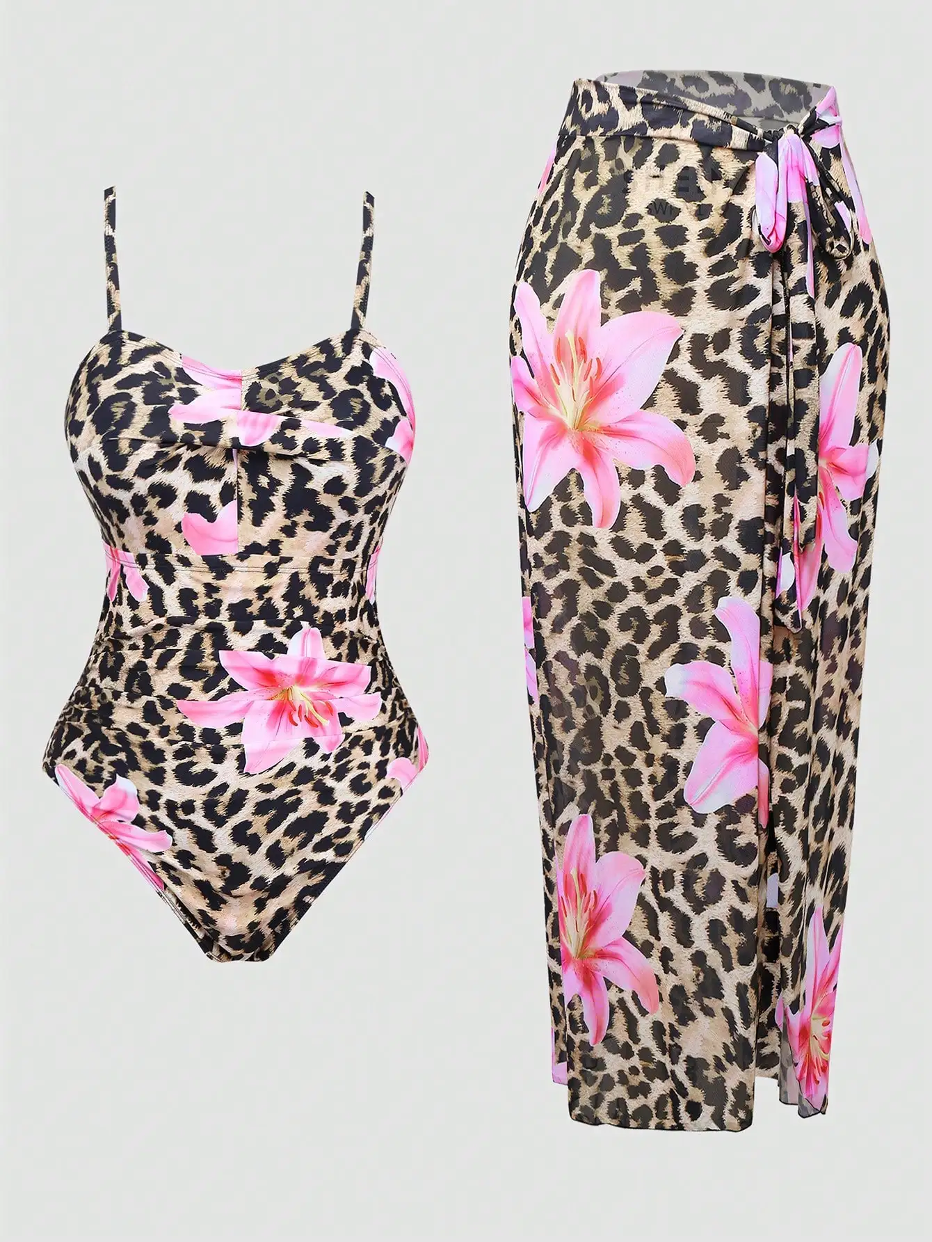 Traje de baño de una pieza con estampado de leopardo, cintura fruncida y falda cruzada tipo pareo