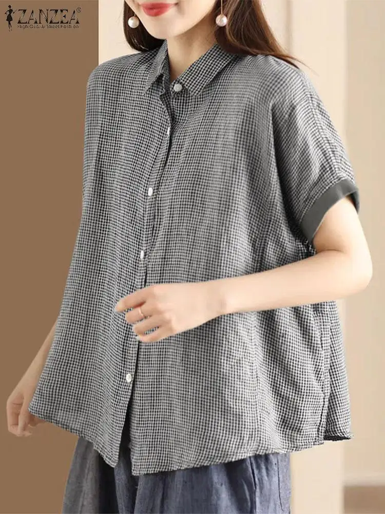 ZANZEA Koreańska moda damska Camisas Summer Checked Lapel Neck Button Up Gingham Shirts Vintage Color Block Short Sleeve Blouses