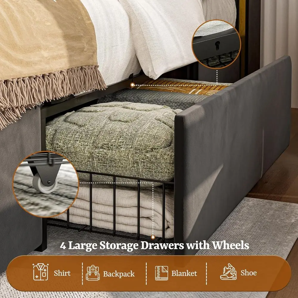 IKILY Upholstered Twin XL Bed es with Storage Ders, 49.2" Tall Velvet Platorm Bed with Wingback Storage board, LED Lights & Char view 6