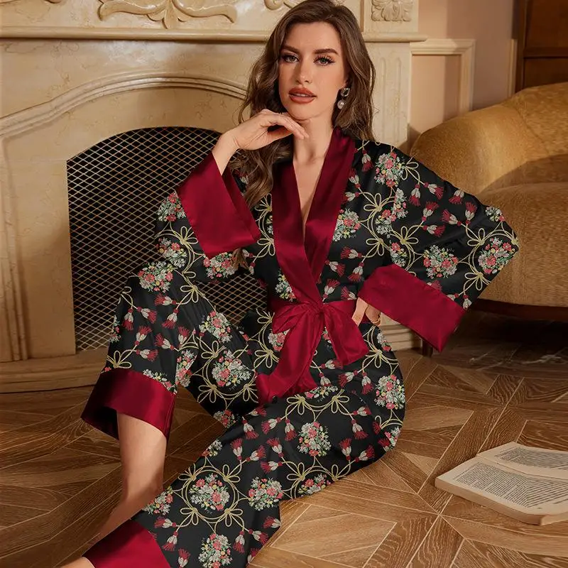 Women's Long Sleeve Ice Silk Pajamas Set Autumn Home Comfortable Sleepwear Thin Season-Universal Male Home Robe