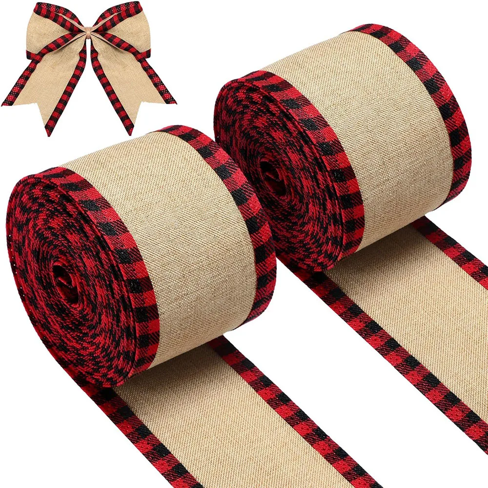 

6M 2.5 inch Christmas Buffalo Plaid Wired Edge Ribbons Christmas Tree Burlap Fabric Craft Wrapping Ribbon with Red Checkered