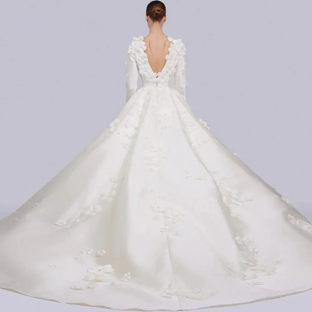 A-Line Wedding Dress Floral Appliques Lace Bride Gowns Elegant Round Neck Long Sleeve Romantic Bride Dress vestido de novia boda