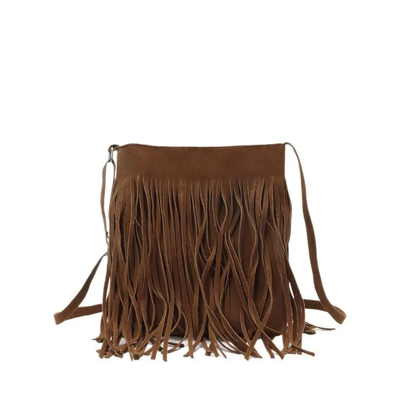 Modische Wildleder-Umhängetasche mit Fransen, im Boho-Stil, große Kapazität, verstellbarer Schulterriemen, einfarbige Bucket-Tasche für Damen. – Detail 5